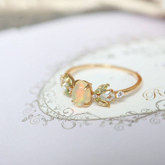 Dainty Gold Opal Leaf Stacking Band Ring