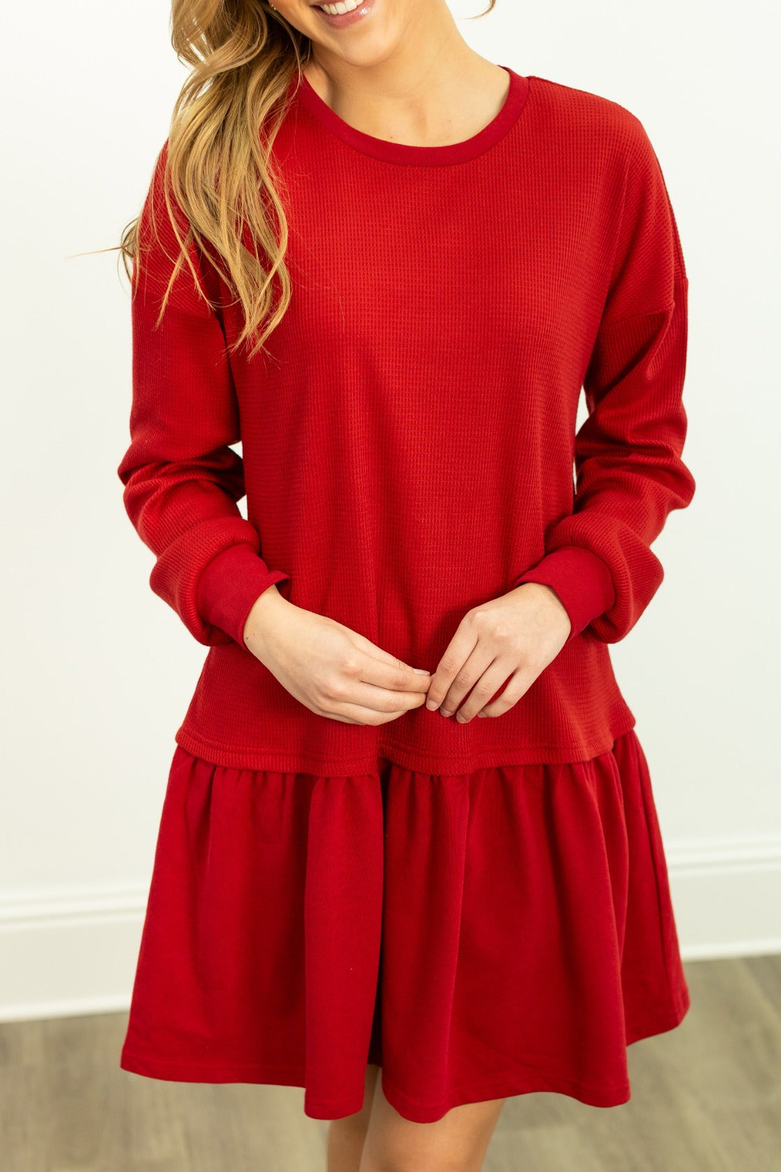Waffle Knit Long-Sleeve Dress