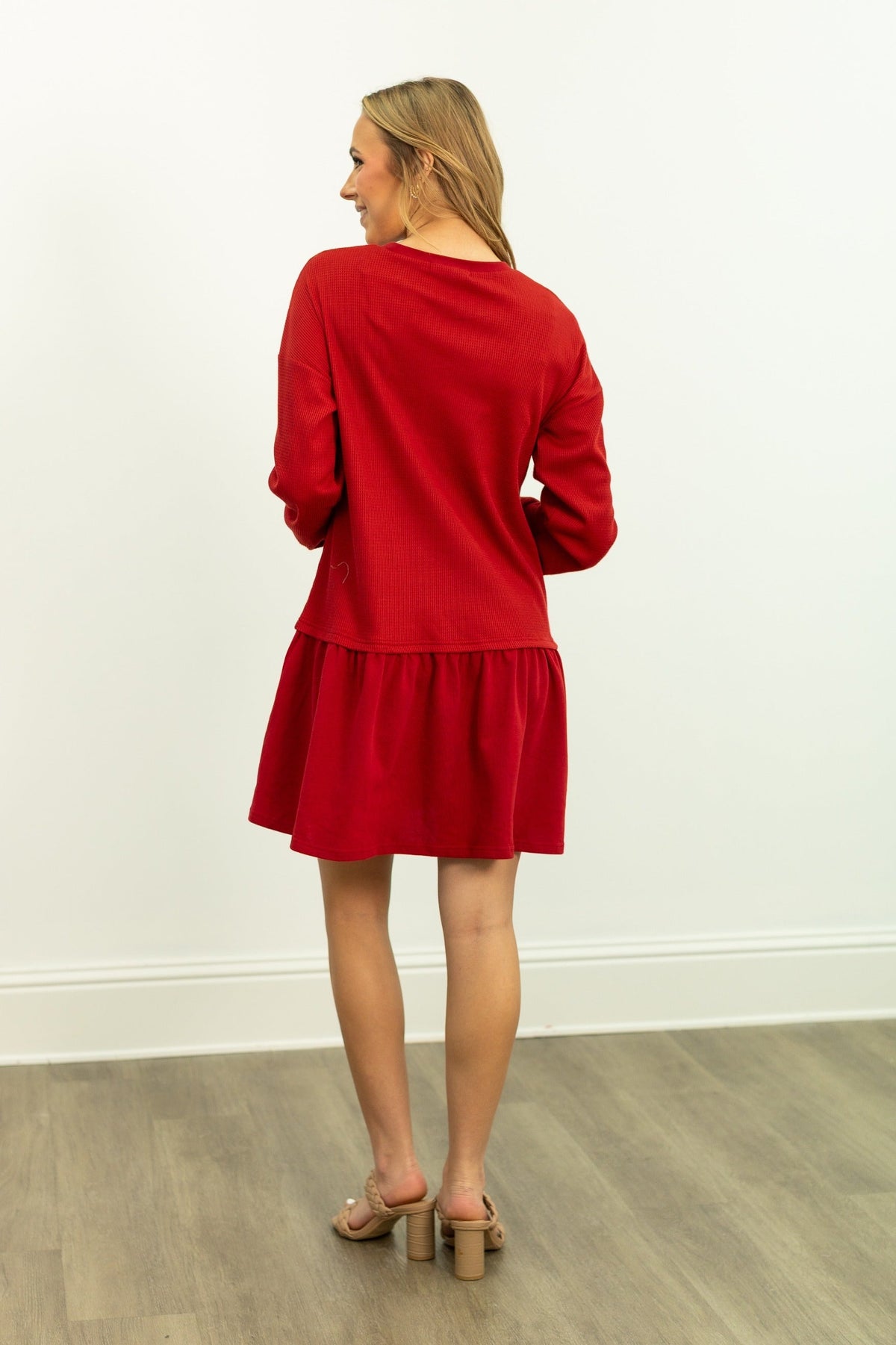 Waffle Knit Long-Sleeve Dress
