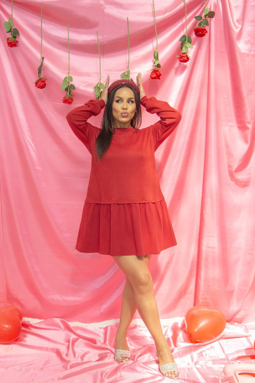 Waffle Knit Long-Sleeve Dress