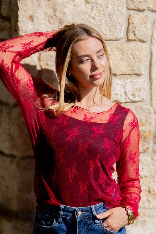Lace Long-sleeve Top, Red